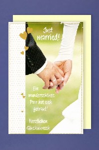 Diese Hochzeitskarte symbolisiert das Brautpaar Hand in Hand.
<br>Als Text ist <i>Just married! Ein wunderschnes Paar hat sich getraut!</i> aufgedruckt.
<br>
<br><u>Details:</u>
<br>- Doppelkarte im A6-Format
<br>- Farbenfroher Aufdruck mit Spruch
<br>- Inkl. cremefarbendem Briefumschlag