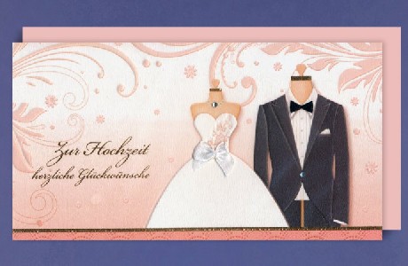 Aufwendig gestaltete Hochzeitskarte im DIN lang Format (11,5 x 22 cm).
<br>
<br>Anzug, Brautkleid und Hintergrundelement sind geprgt, wodurch sich die Karte sehr hochwertig anfhlt. Anzug und Brautkleid sind mit kleinen Strasssteinen und Schleifen verziert. Der Text ist in gold gesetzt.
<br>Dazu gibt es einen transparenten Einleger und einen lachsfarbenden Umschlag.
<br>
<br><u>Details:</u>
<br>- Doppelkarte im DIN lang Format (11,5 x 22 cm)
<br>- Grafische Elemente sind geprgt und mit Strasssteinen und Schleifen verziert
<br>- Inkl. halbtransparentem Einleger
<br>- Inkl. lachsfarbendem Umschlag
