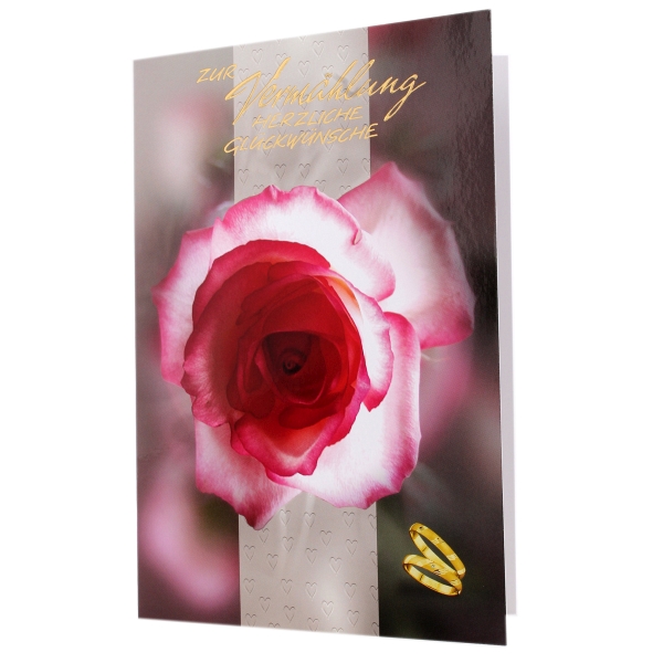 Hochzeitskarte verziert mit einer dekorativen Rose in rot und fuchsia
<br>
<br>Gre: 11,5 x 17 cm
<br>inkl. Umschlag