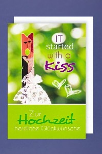 Moderne Hochzeitskarte mit Aufdruck <i>It started with a Kiss</i>
<br>
<br>Auf dieser Hochzeitskarte im A6-Format ist der Text <i>JUST MARRIED - Gute Fahrt ins Eheglck - Mgen sich alle Trume und Wnsche erfllen</i> aufgedruckt.
<br>
<br>Dazu befindet sich ein kleiner aufgeklebter Marienkfer als Glcksbringer auf der Karte.
<br>
<br><u>Details:</u>
<br>- Doppelkarte im A6-Format
<br>- Farbenfroher Aufdruck mit Spruch
<br>- Inkl. weiem Briefumschlag