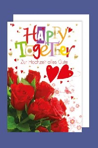 Eine auffllige und farbenfrohe Karte mit Aufdruck <i>Happy Together</i>
<br>
<br><u>Details:</u>
<br>- Doppelkarte im A6-Format
<br>- Aufdruck Hochzeitsfahrt mit Spruch
<br>- Inkl. rotem Briefumschlag