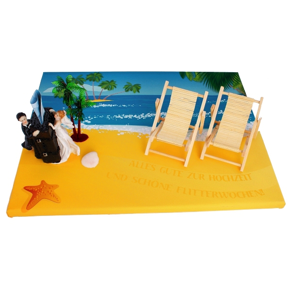 Eine traumhafte Karibik-Strandkulisse bildet den Hintergrund dieser Dekolandschaft. Das Hochzeitspaar hat einen riesigen Geldkoffer dabei, der Ihnen einen wunscherschönen Urlaub ermöglicht <br>(Oder zumindest dazu beiträgt).<br>Durch weitere Dekorationen (künstliche Palme, Muschel und Strandstühle) entsteht eine farbenfrohe 3D-Landschaft für ein tolles Hochzeitsgeschenk.<br><br><small><br><u>In diesem Dekoset enthalten:</u><br><ul style="list-style:disc; margin:10px; font-size:12px;"><br>					<br><li> Große "Traum am Meer"-Kulisse (ca. 40 x 50 cm) mit Hochzeits-Glückwunschtext</li>				<br><li> Brautpaar mit Koffer als Spardose</li><br><li> Dekopalme</li><br><li> Muschel</li><br><li> Liegestühle</span></li><br></ul><br></small>