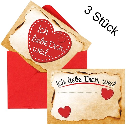 3er Set Ich-Liebe-Dich-Weil-Karten inkl. Umschläge