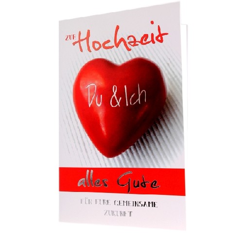 Ein groes rotes Du&Ich-Dekoherz ziert diese schicke Hochzeitskarte.
<br>
<br><u>Details:</u>
<br>- Doppelkarte im A6-Format
<br>- Aufdruck mit groen Herz, indem <i>Du & Ich</i> steht
<br>- Inkl. Briefumschlag