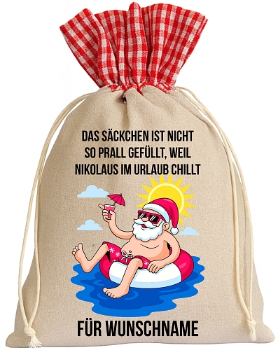 Nikolauss�ckchen Chilling Santa aus Leinen mit Wunschnamen
